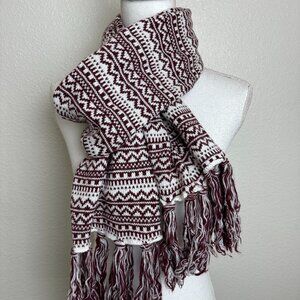 Long Scarf Nordic Style Burgundy ( Wine ) & White Fringe